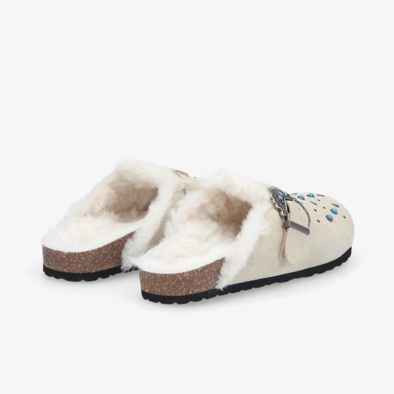 PALOMA CLOG W - SUEDE/FUR/RIVET -  BLANC CASSE/BLEU TURQUOISE